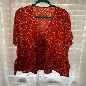 Burnt orange, polka dot blouse with faux tie front detail. SHEIN Curve 3x